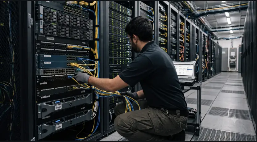 A C&M Networks engineer cabling switches in a data center rack